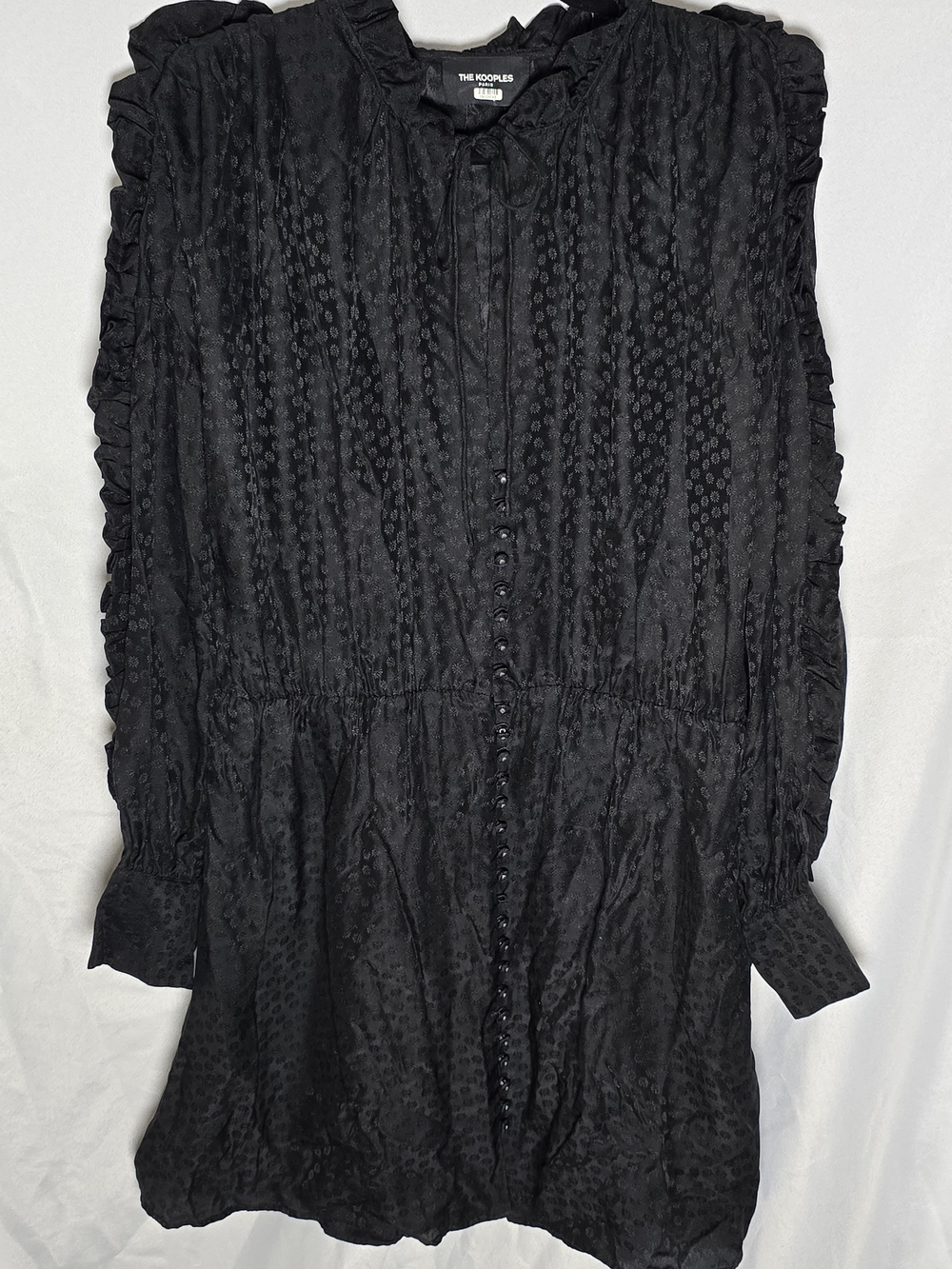 The Kooples 100% Silk Black Textured Ruffle Button Front Witchy Boho Dress, 3